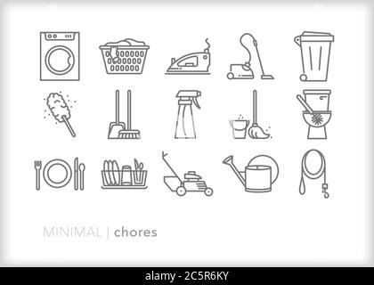 Set of 15 chores line icons for cleaning and doing housework Stock Vector