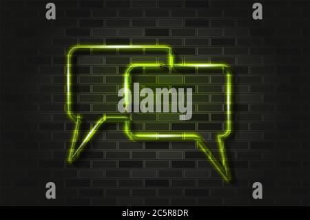 Conversation, chat rectangle bubbles glowing neon sign or glass tube. Realistic illustration. Black brick wall, soft shadow. Stock Photo