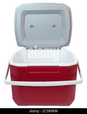 Front view of open of red and white plastic food and drink cooler. Isolated. Stock Photo