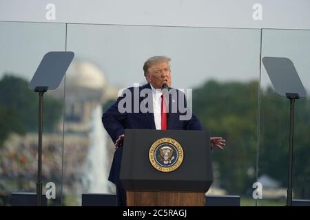 United States President Donald J. Trump makes remarks as he and First lady Melania Trump participate in the 2020 Salute to America at the White House in Washington, DC on Saturday, July 4, 2020. Credit: Chris Kleponis/Pool via CNP *** Local Caption *** BSMID5035768 | usage worldwide Stock Photo