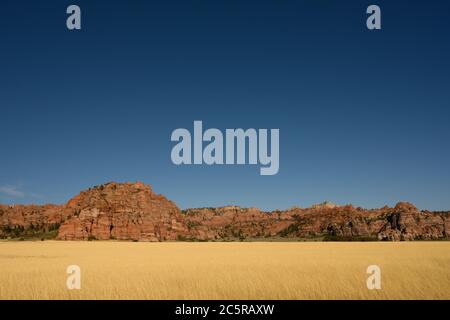 Flat Field Turns to Rocky Outcropping in fall Stock Photo