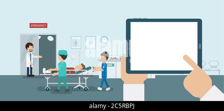 Medical service concept with blank screen tablet and doctor with injured patient in bed flat design vector illustration Stock Vector