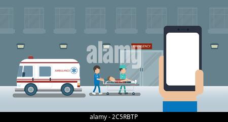 Emergency service concept with blank screen mobile phone and doctor with injured patient in bed flat design vector illustration Stock Vector