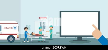 Emergency service concept with blank screen monitor and doctor with injured patient in bed flat design vector illustration Stock Vector