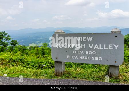 Overlook sign for Rockfish valley and elevation at Blue Ridge parkway appalachian mountains in summer with nobody and scenic lush foliage Stock Photo