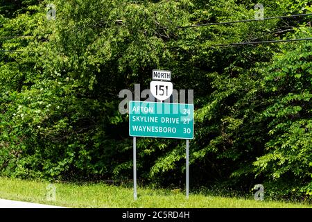 Roseland, Virginia near Blue Ridge parkway mountains on famous scenic road route 151 Patrick Henry highway in Nelson County with sign for afton, skyli Stock Photo