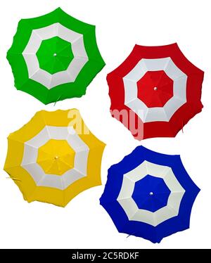 Opened colorful beach umbrellas isolated on white. Stock Photo
