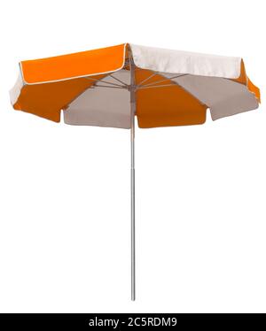 Opened beach umbrella with orange and white stripes isolated on white. Clipping path included. Stock Photo