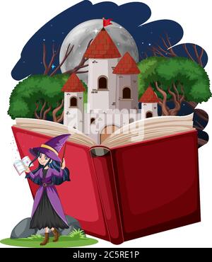 Witch and castle tower with pop up book cartoon style on white background illustration Stock Vector
