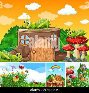 Set of different insects living in the garden background illustration Stock Vector