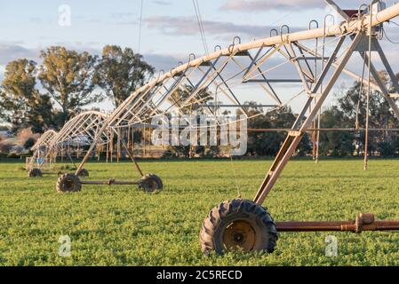 A Centre Pivot or Lateral Move, self-propelled irrigation system or sprinkler ready for use on an agricultural crop near Mudgee, Australia Stock Photo