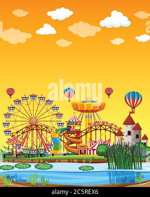 Amusement park with swamp scene at daytime with blank bright blue sky ...