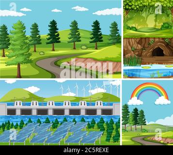 Four different scenes in nature setting cartoon style illustration Stock Vector