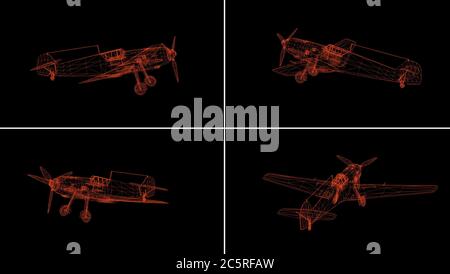 Airplane wire model isolated on black  - 3D Rendering Stock Photo