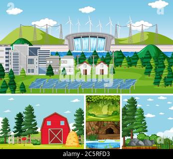 Four different scenes in nature setting cartoon style illustration Stock Vector