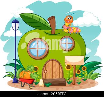 Green apple house and cute worm in the garden cartoon style on sky background illustration Stock Vector