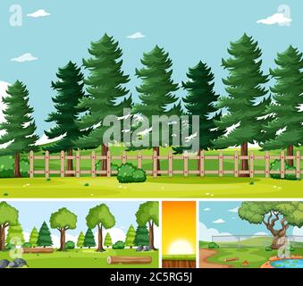 Four different scenes in nature setting cartoon style illustration Stock Vector