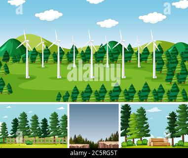 Four different scenes in nature setting cartoon style illustration Stock Vector