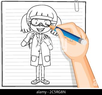 Hand writing of chemist girl outline illustration Stock Vector