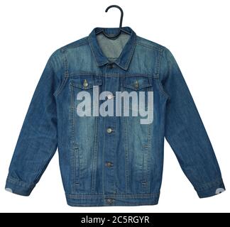 Denim jacket on a hanger. Isolated on white. Clipping path included. Stock Photo