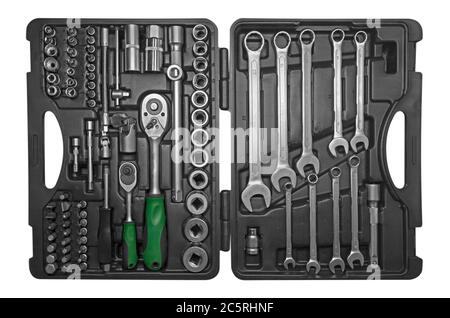 Black toolbox with different instruments isolated on white. Clipping path included. Stock Photo
