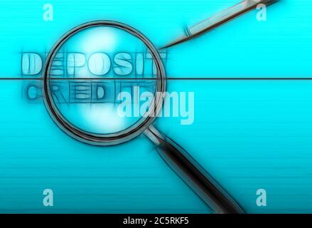 word deposit - credits  and magnifying glass with pencil made in 2d software on gradient  background Stock Photo