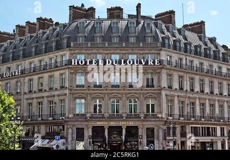 PARIS, FRANCE - JUNE 11, 2014: Facade of the Grand Hotel du Louvre, Hyatt Hotel in Paris. Located near Louvre Palace in a beautiful historic building