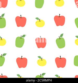 Apple. Endless texture with red, yellow, green apples isolated on white background. Positive fruit summer print. Modern vector seamless pattern in Stock Vector