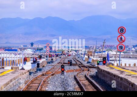 Freight train track go through Chaka Salt Lake,Qinghai province,China. Stock Photo