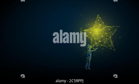 Children Reaching for the Star. Take a Star from the Sky, Dreams and Plans, concept. Low Poly, Wireframe, Line and Dots Vector Illustration Stock Vector