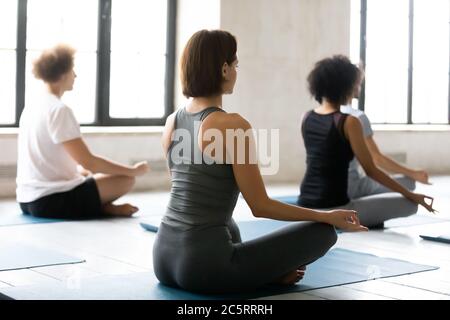 Group of young healthy multiracial diverse people practicing yoga. Stock Photo