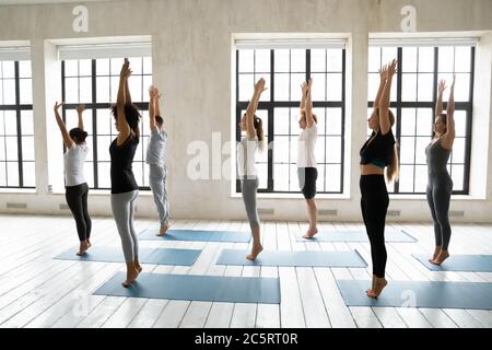 Young fit multiethnic diverse people starting doing surya namaskar. Stock Photo