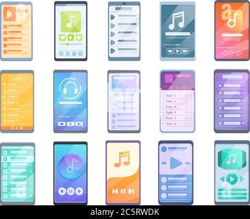 Playlist icons set. Cartoon set of playlist vector icons for web design Stock Vector