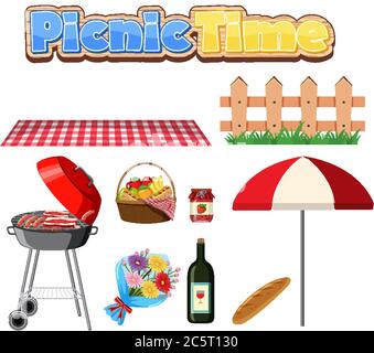 Set of picnic with BBQ grill and food on white background illustration Stock Vector