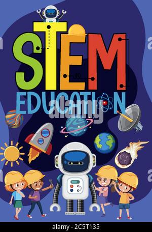 Stem education logo with kids wearing engineer in space theme illustration Stock Vector