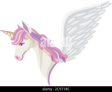 Unicorn or pegasus head with rainbow mane and horn isolated on white background illustration Stock Vector