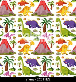 Seamless cute dinosaurs and volcano isolated on white background illustration Stock Vector