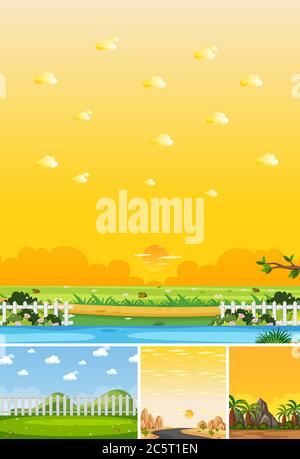 Four different scene of nature place in vertical and horizon scenes at daytime and sunset illustration Stock Vector