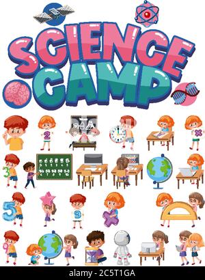 Science camp logo and set of children with education objects isolated illustration Stock Vector