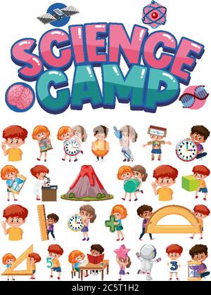 Science camp logo and set of children with education objects isolated illustration Stock Vector