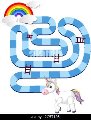 Rainbow unicorn board game template for preschool kids isolated illustration Stock Vector