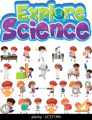 Explore science logo and set of children with education objects isolated illustration Stock Vector