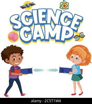 Science camp logo and two kids holding magnet isolated illustration Stock Vector