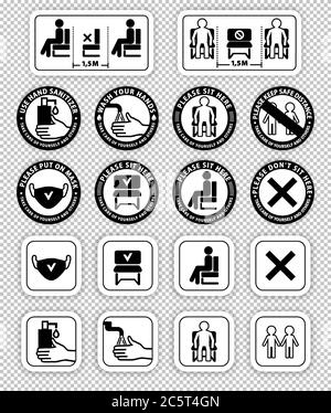 Warning signs on transparent background.. Keep distance between people. Do not sit here. Keep safe distance. Wash your hands Stock Vector