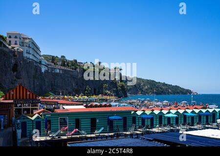 Sorrento, Campania, Italy, June 2020 – Colorful bath cabins of Leonelli's Beach bath establishment in Sorrento Stock Photo