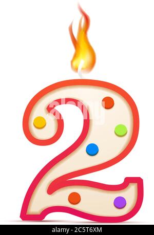 Two years anniversary, 2 number shaped birthday candle with fire on white Stock Vector