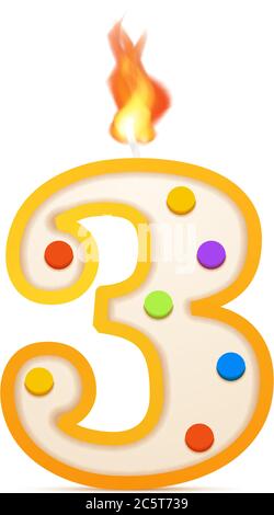 Three years anniversary, 3 number shaped birthday candle with fire on white Stock Vector