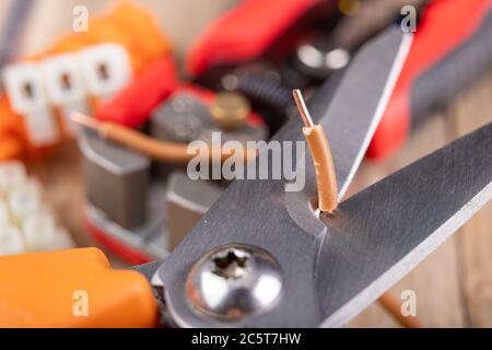 Trimming a copper electric wire. Scissors for electrical work. Light background. Stock Photo