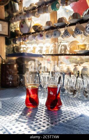 Tea shop in Turkey. Two glass with fresh turkish tea on the table Stock Photo