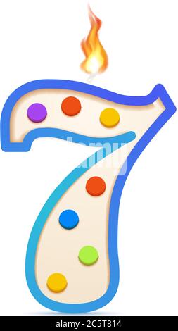 Seven years anniversary, 7 number shaped birthday candle with fire on white Stock Vector